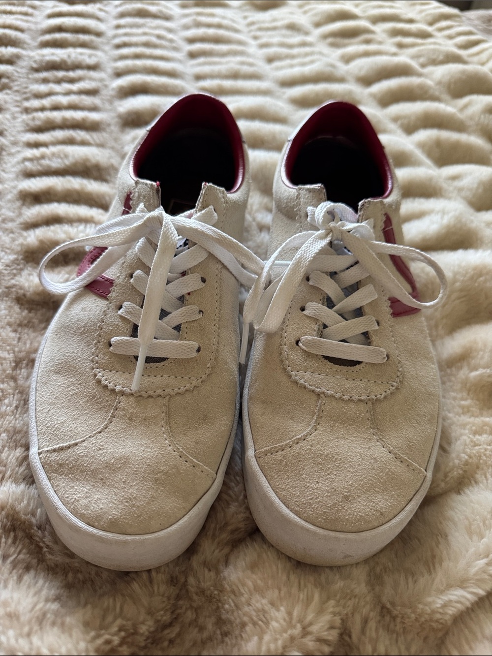 Vans Women’s Cream Suede Sneakers with Red Accents